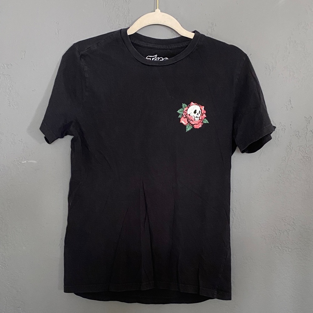 Taco Tuesday Black Graphic Tee with Skull and Rose Design